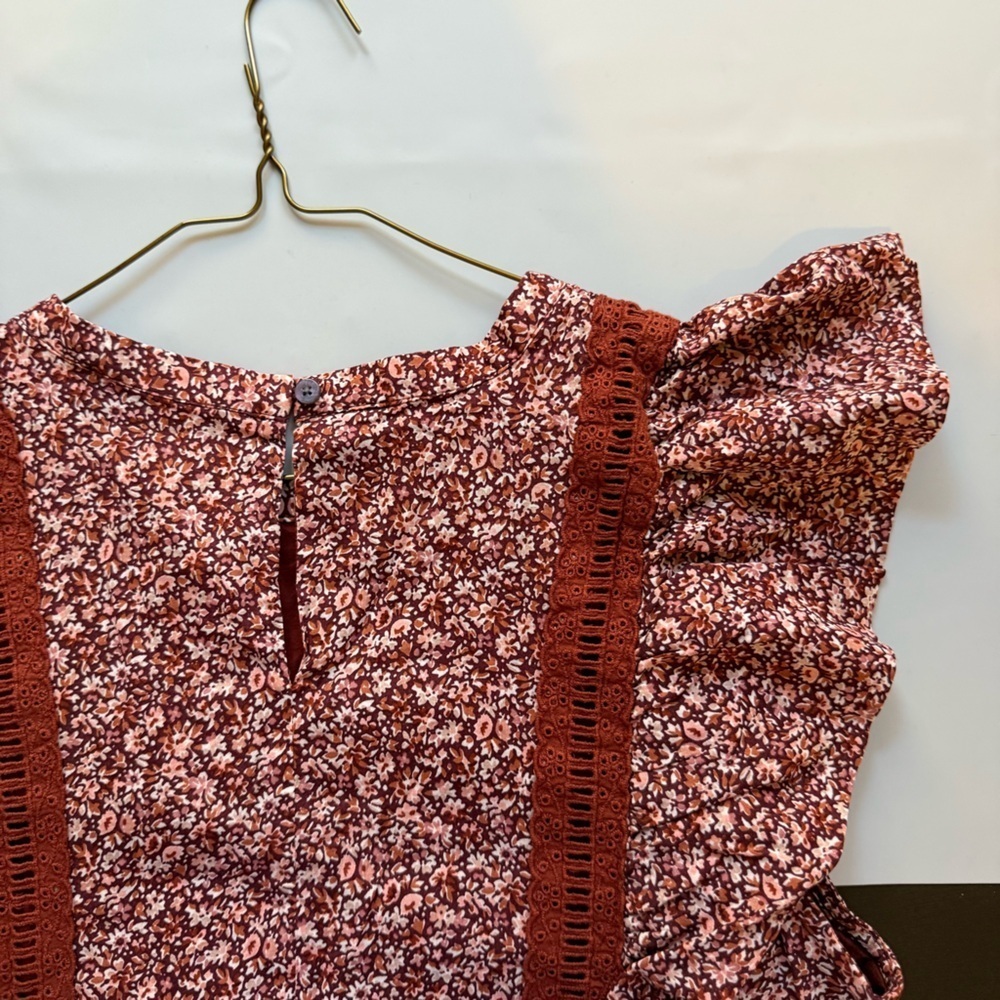 Madewell Floral Flutter-Sleeve Mini Dress Womens Large Cottage Garden Rust Brown - Picture 11 of 11